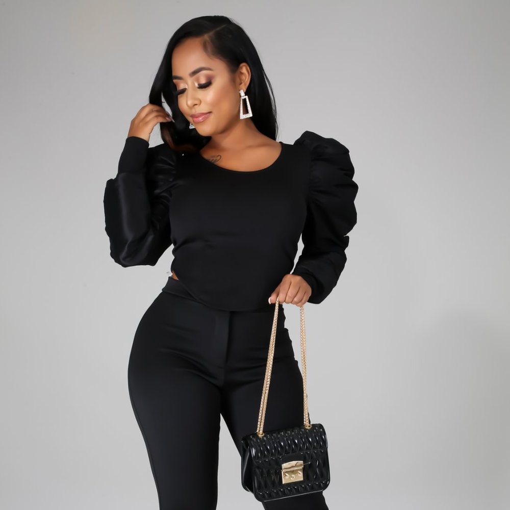 Black Puffy Sleeves Pant Set